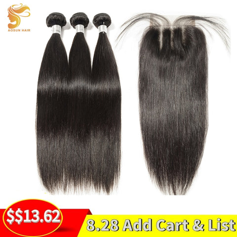AOSUN HAIR Peruvian Straight Hair Bundles With Closure 3 Bundles With Closure Human Hair Bundles with Closure 8-26Inch Remy Hair